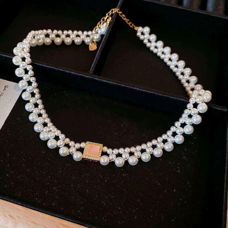 Real Gold Plated Gradient Zircon Pearl Braided Necklace French Style High-end Clavicle Chain Elegant Fashion Choker