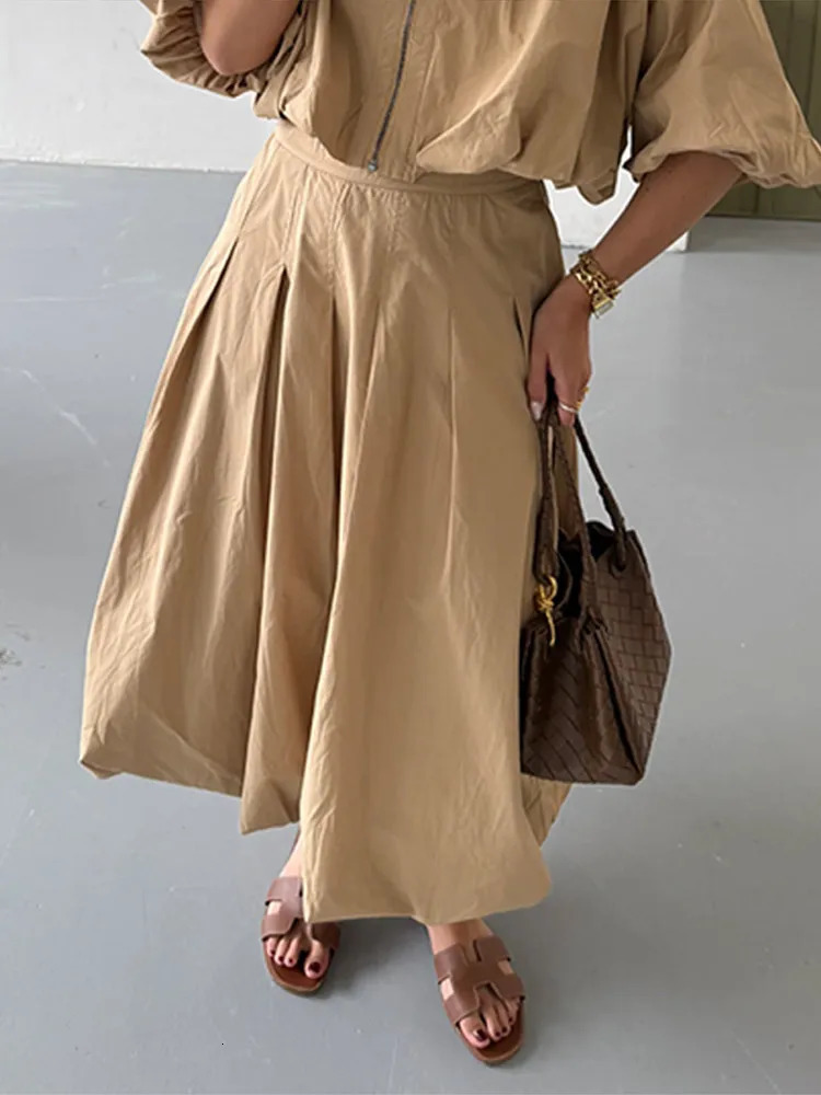 Summer Womens Yellow Lapel Half Sleeve Zipper Short Jacket Pleated Skirt Sets Casual Puff Midi Matching Lady Suits 250717