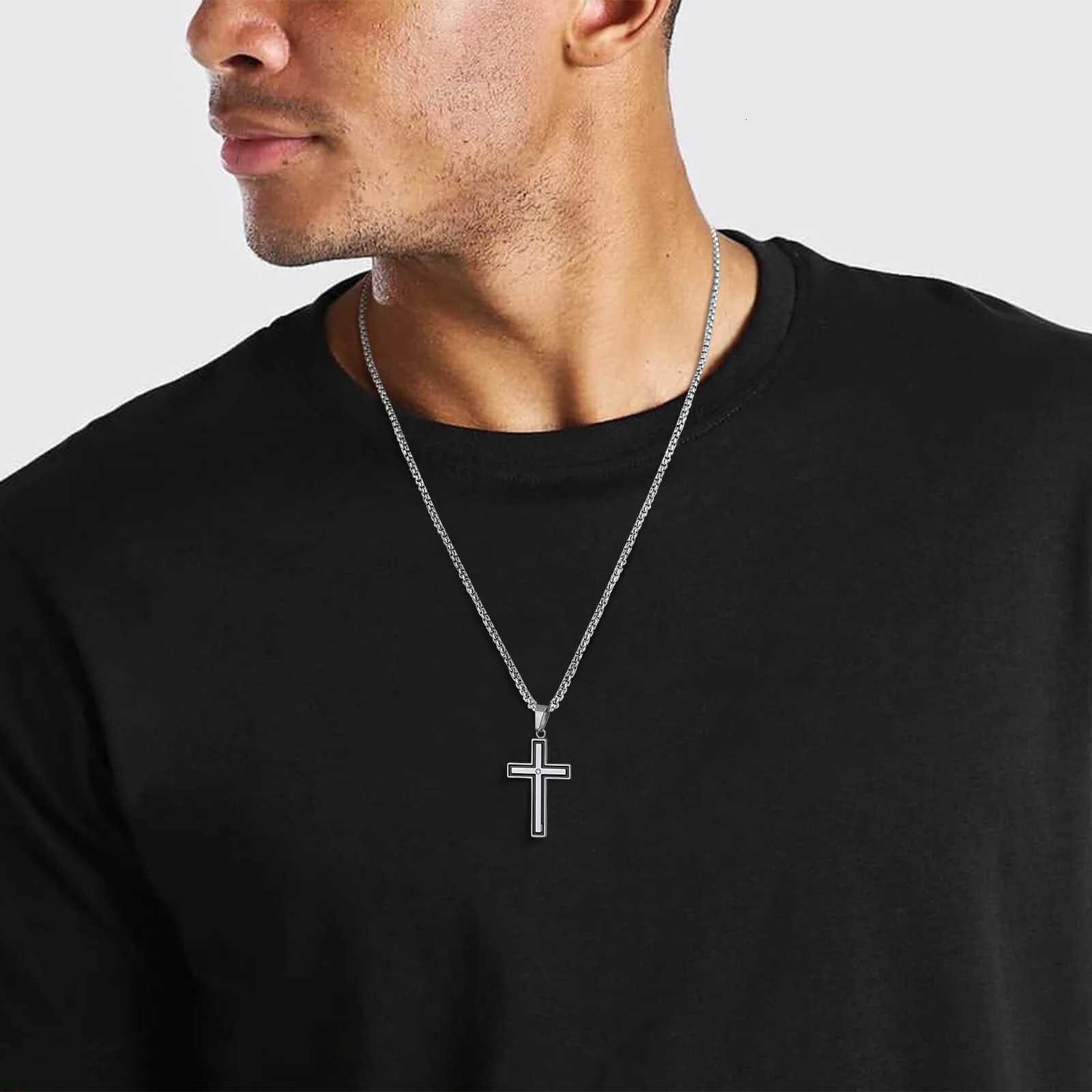 50pcs Stainless Steel Cross Pendants Necklaces Zircon Center Inlayed Christ Cross Collar for Men Wen Faith Jewelry W250718