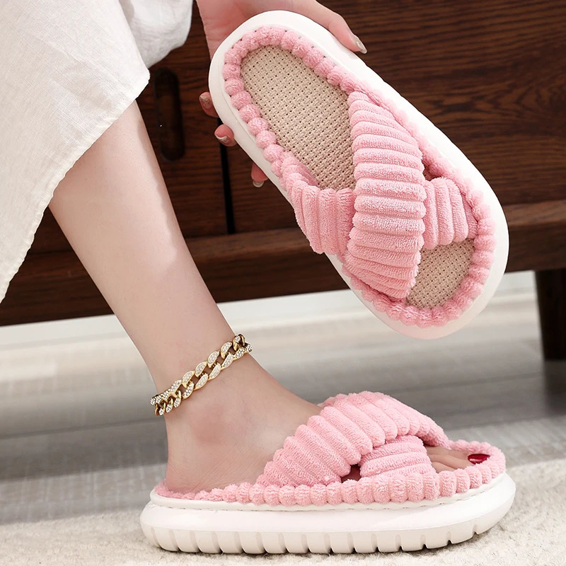 2024 Autumn Winter Women Home Slippers Open-Toe Cross Band Linen Soled Indoor Slides Linen Soled Non-Slip Bathroom Slippers 250716