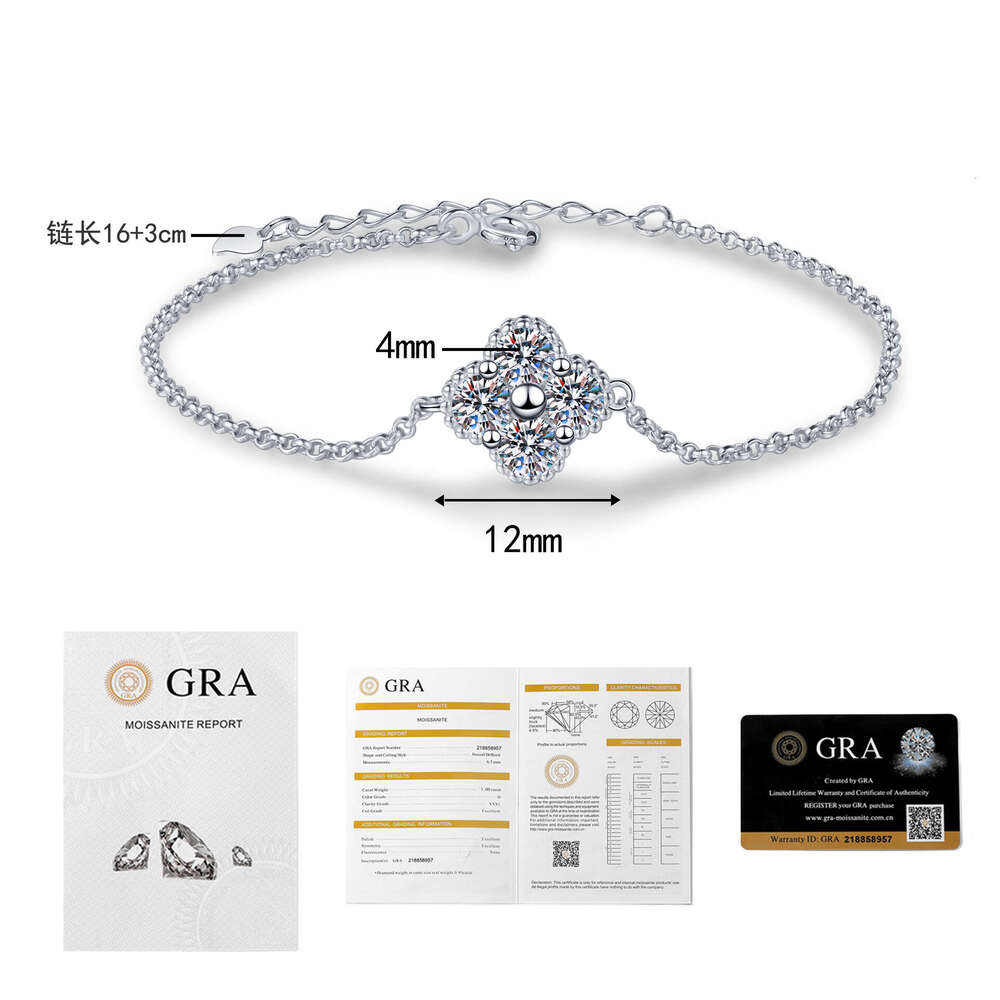 Sterling Sier Moissanite Four-leaf Clover Ins Style Niche Light Minimalist Bracelet for Women 09e