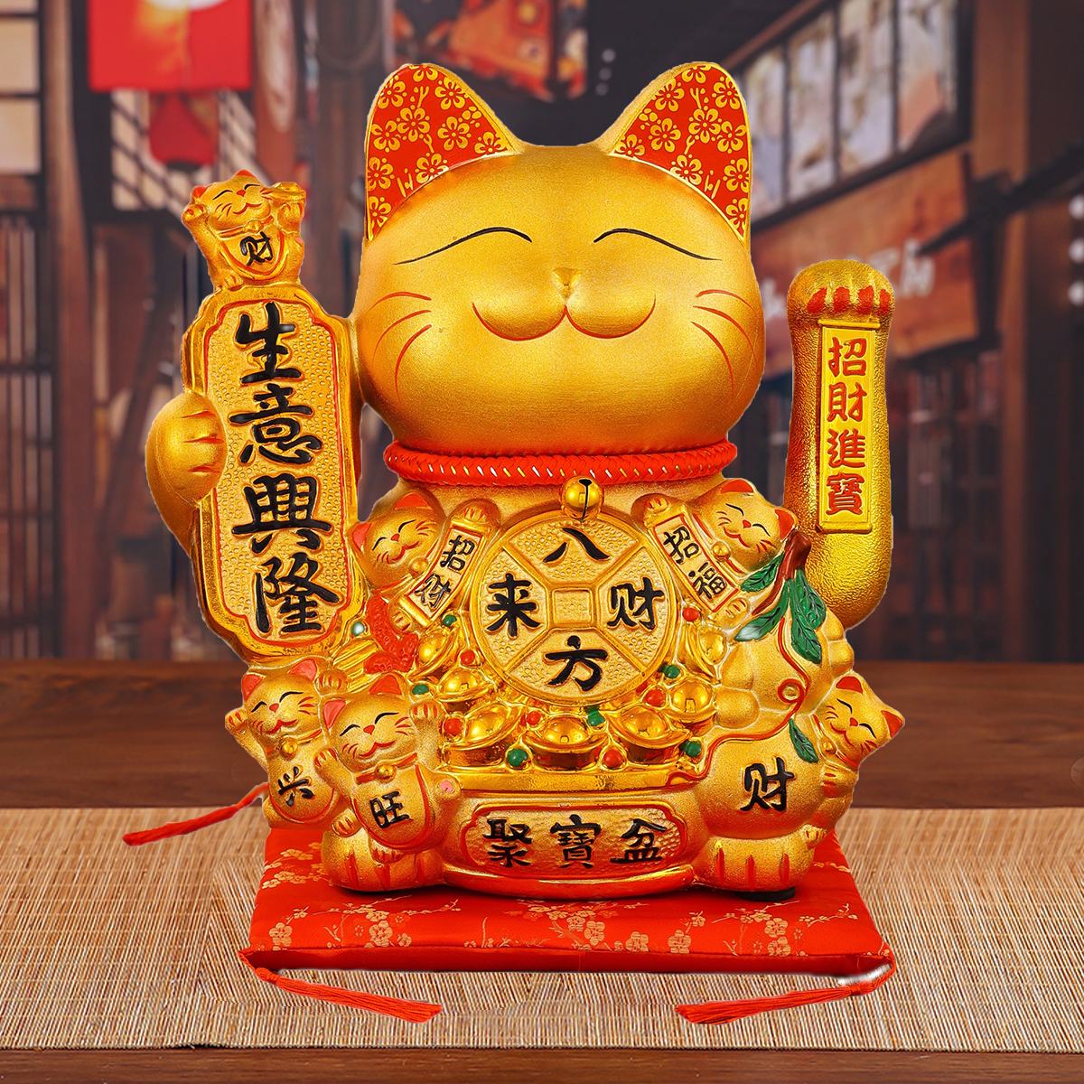 Wealthy Feline Sculpture: Robust Porcelain Kitty Figure w/ Automated Movement Ideal Housewarming Present Wealth-Symbolic Design for Home Decor