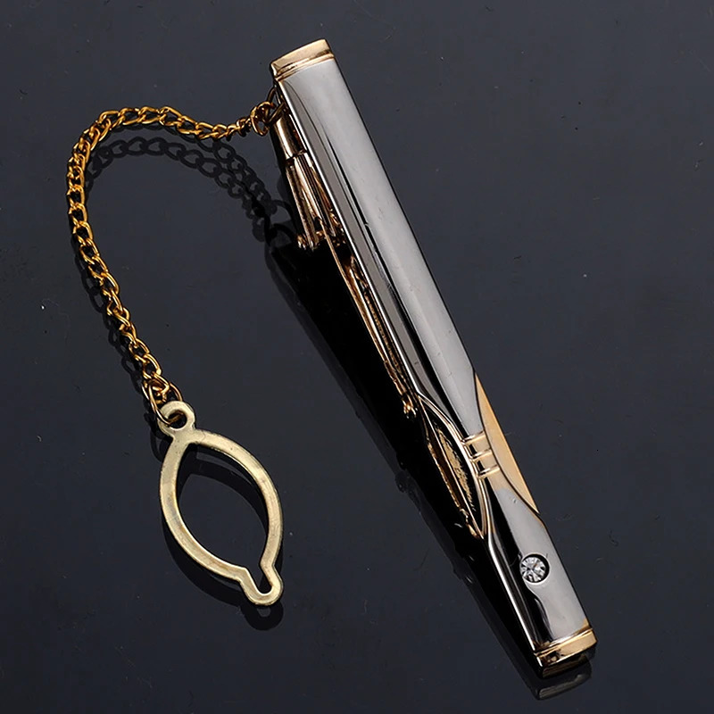 Metal Gold Color Tie Clip With Chain For Men Wedding Necktie Clasp Gentleman Ties Bar Pin Mens Accessories 250715