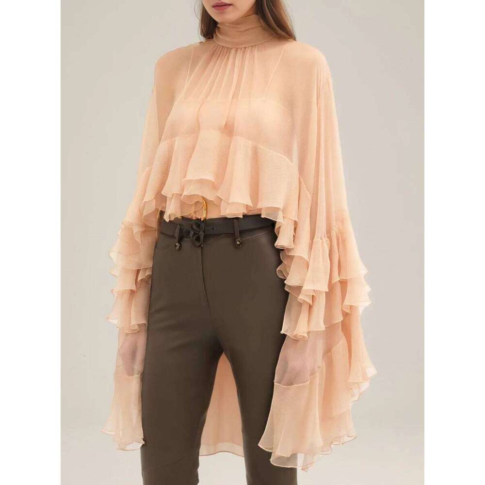 Solid Loose Sheer Blouses for Women High Neck Long Sleeves Patchwork Ruffles Folds Elegant Blouse Female Clothing