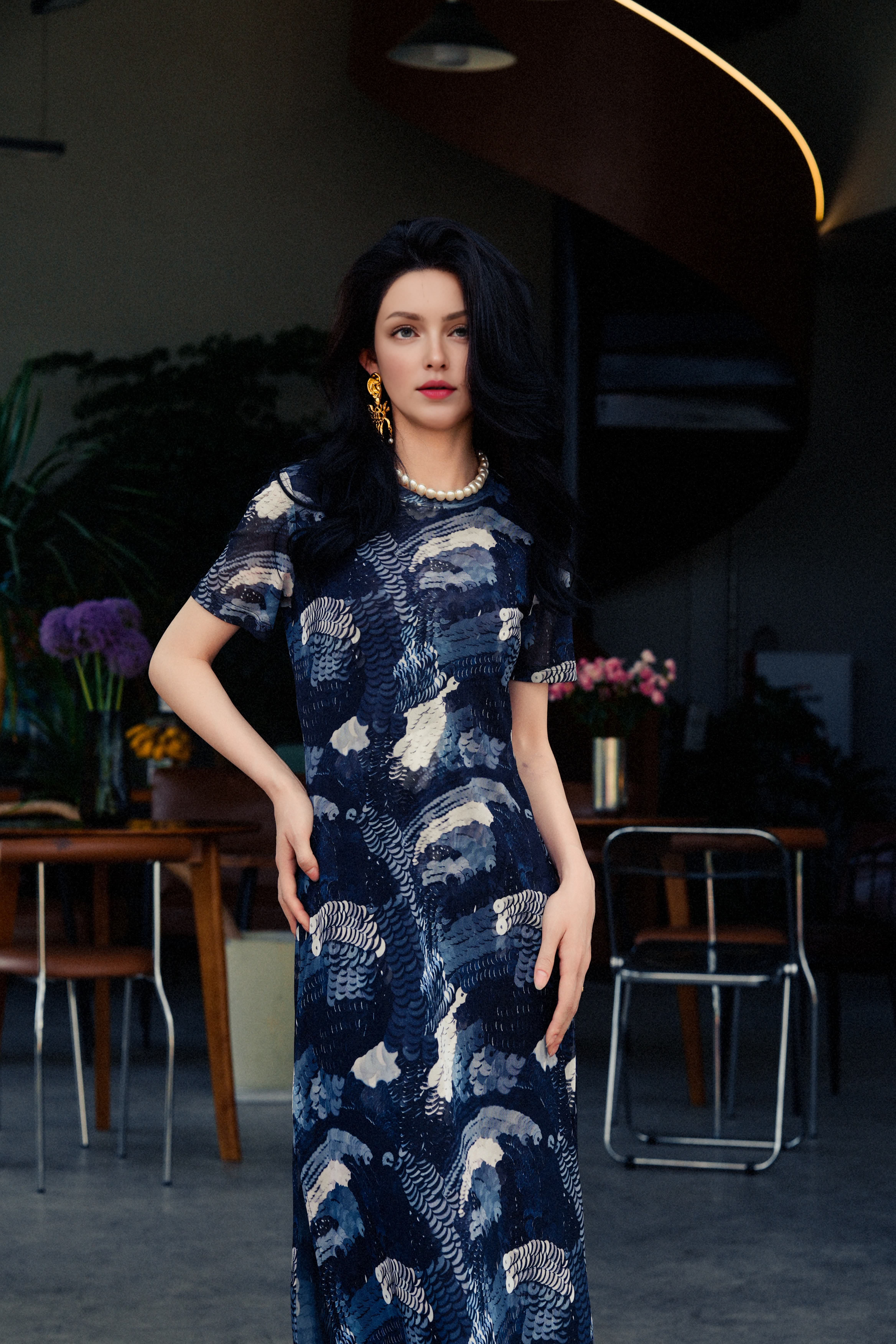 HZHJ new original design black peacock dress short sleeved light luxury aristocratic show