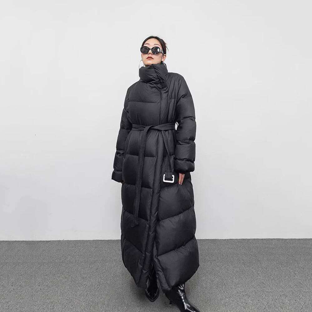 Winter Large Lapel Long Overcoat Women 90 White Duck Loose Knee Length Bread Cotton Quilt Jacket Warm Down Coat MDNG