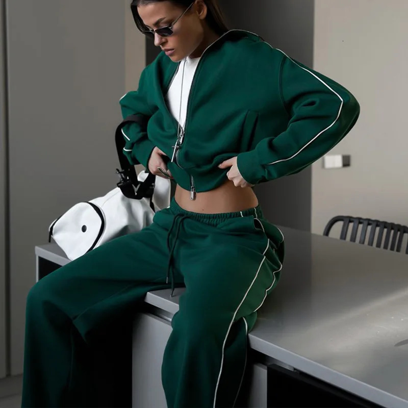 Autumn Fashion Long Sleeve Sports Womens Suit Casual Turn-down Collar Zipper Tops And Loose Wide Leg Pants Female Two Piece Set 250714
