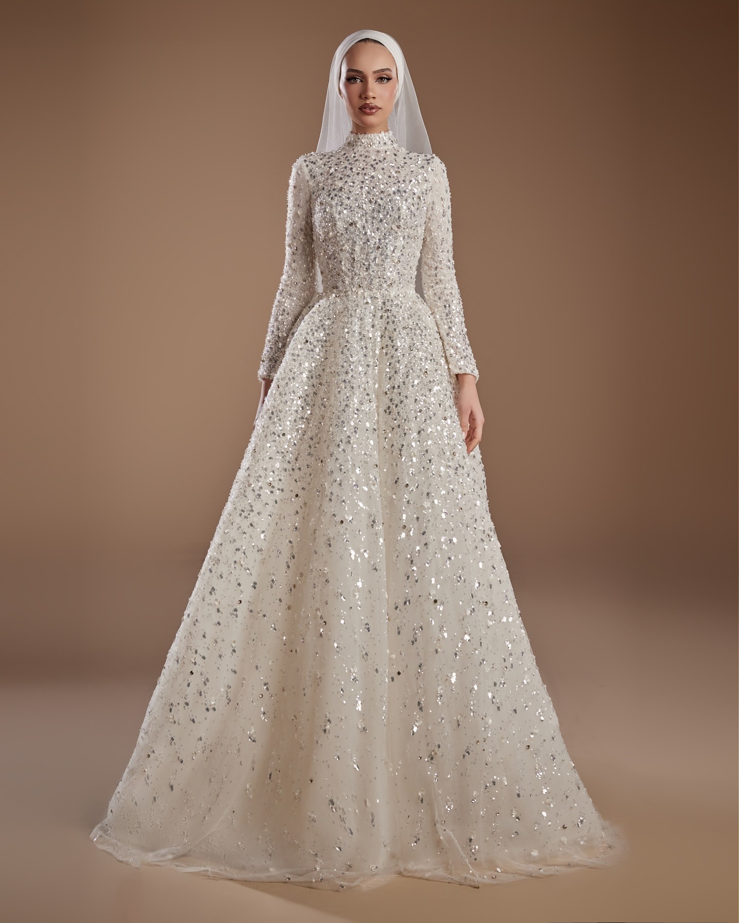 High Grades Wedding Dresses High Neck Long Sleeve Sequins Zipper A Line Sweep Train Bridal Gowns Customized Vestidos De Novia