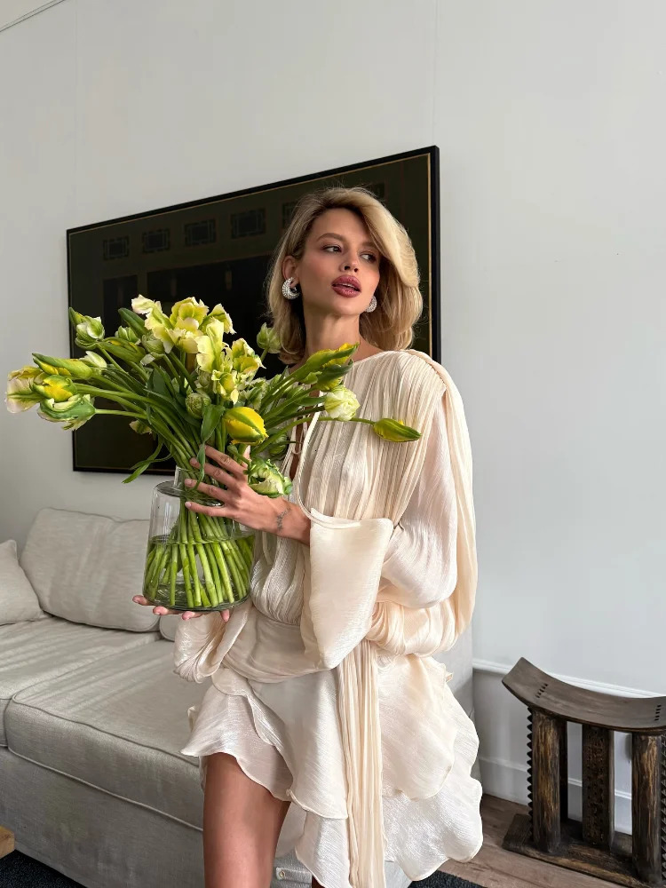 Sexy Lace-up Lantern Sleeve Dresses Women 2025 Solid Pleated Mini Dress High Waist Party Gowns Nightclub Bodycon Female Outfits 250715