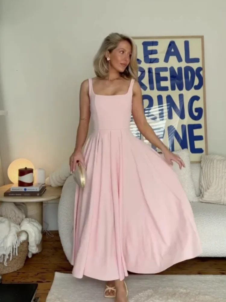 Summer Pink Sleeveless A-line Long Dress Womens Square Neck Backless High Waist Maxi Dresses Lady 2025 Vacation Street Vestidos 250715