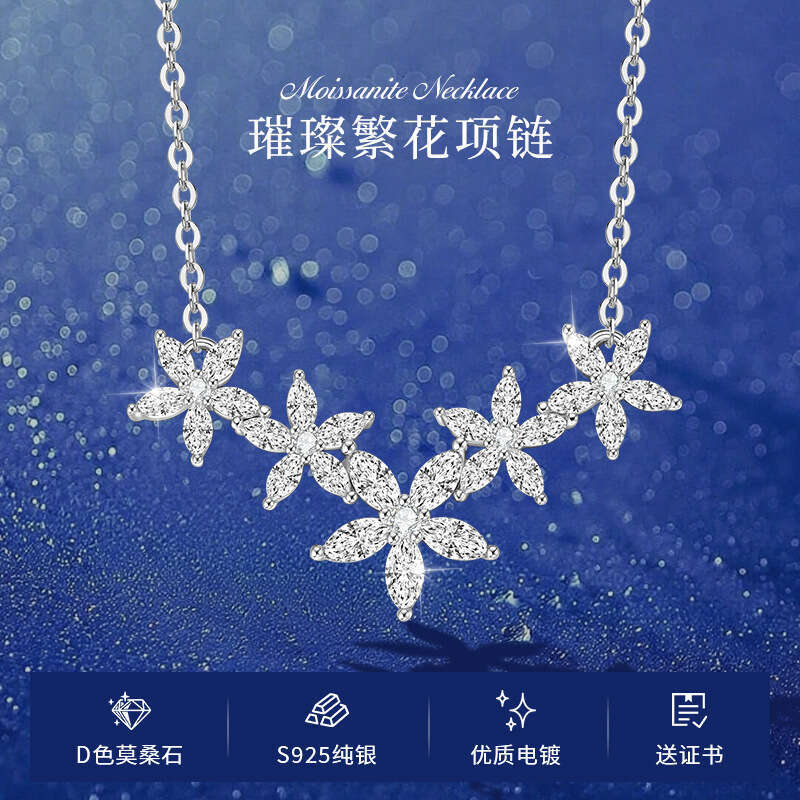 Irregular Moissanite Flower Necklace Fresh High-end Feel S Pure Sier Five Flowers Blooming Pendant New Style