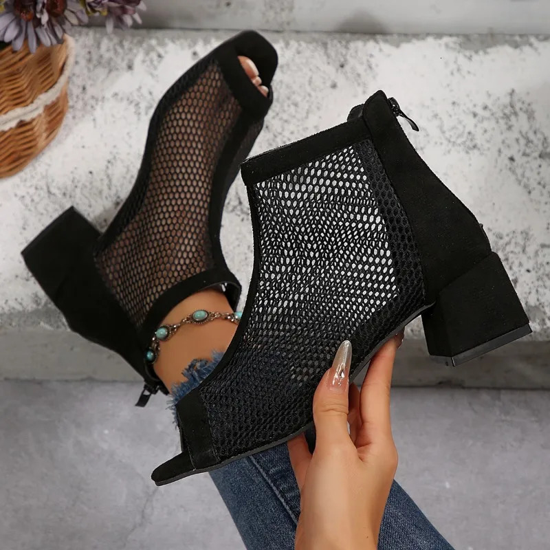 2024 Summer Boot Zapatos Chaussures Femme Zipper Square High Heel Leopard Woman Shoes Women Mesh Suede Ankle Boots Size 43 250714