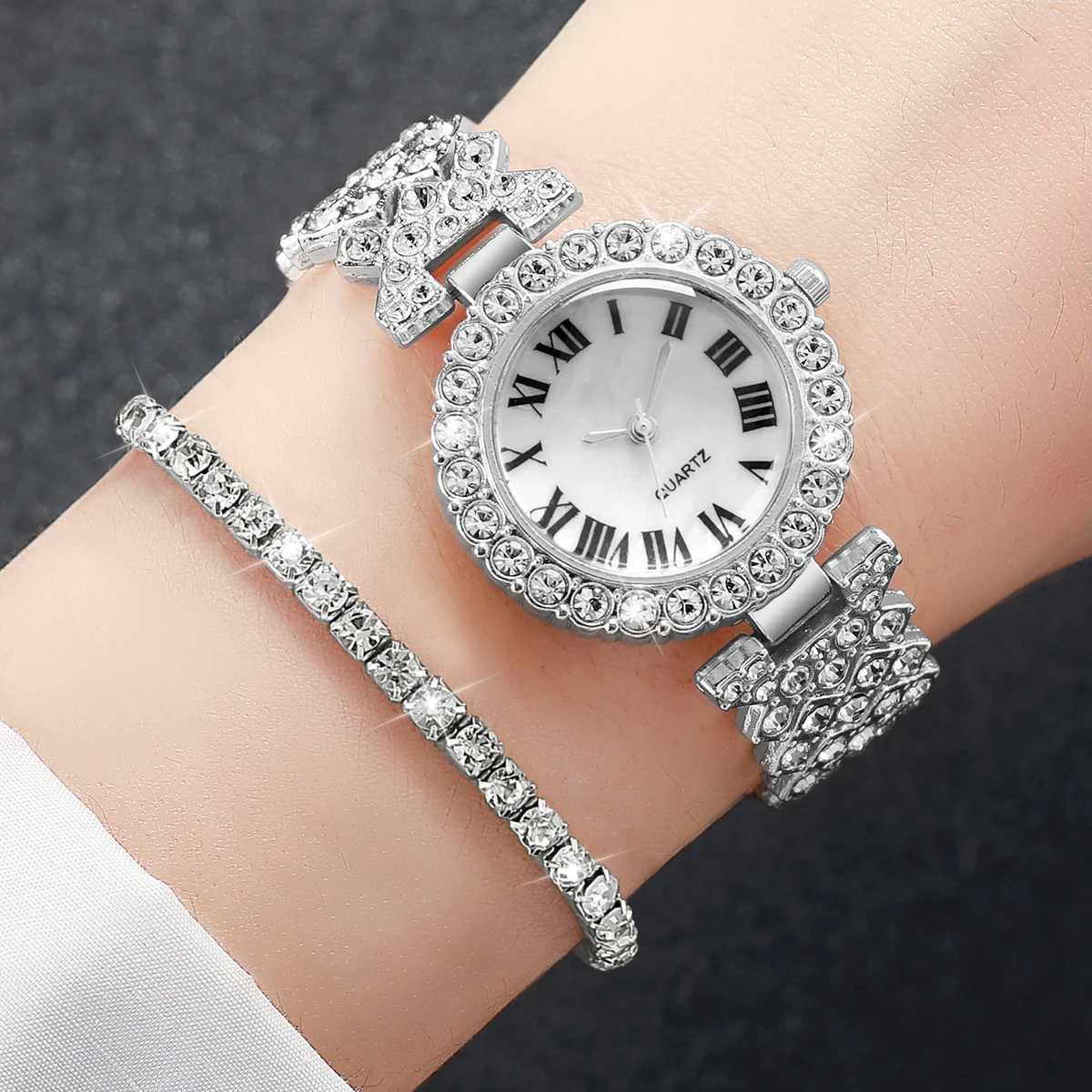 2PCs/Set Womens Luxury Watch Fashion Diamond Inlaid Dial Quartz Temperament Girls Watch Bracelet Set (Box Not Included) W250718