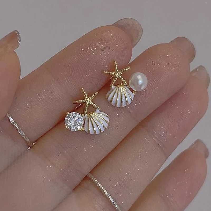 Fashion Asymmetric Ocean Style Earrings Stud For Women Starfish Shell Earring Ear Ring Imitation Pearl Zircon Jewelry Gift XJ250718