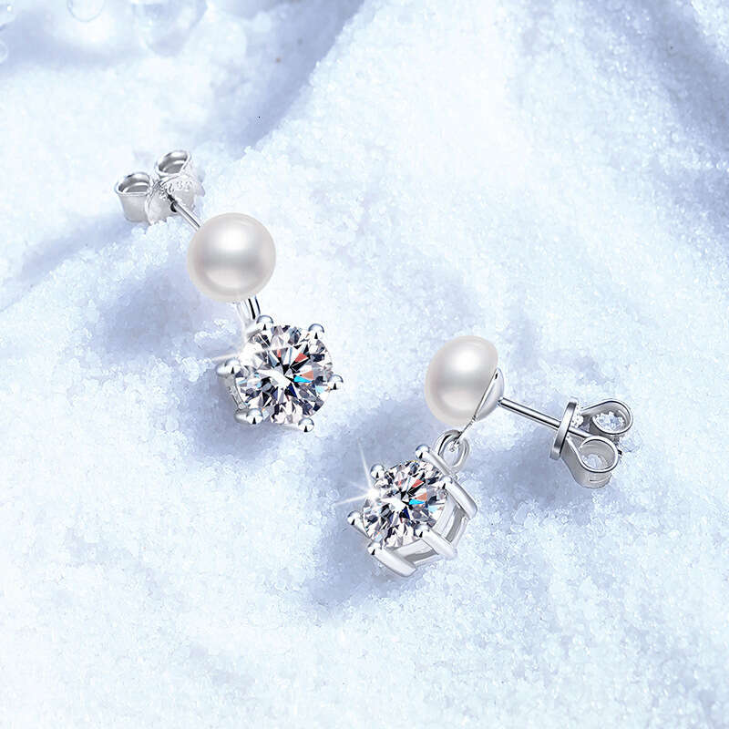 s Sterling Sier Natural Freshwater Pearl Classic Six-Claw 1 Carat Moissanite Earrings fa9