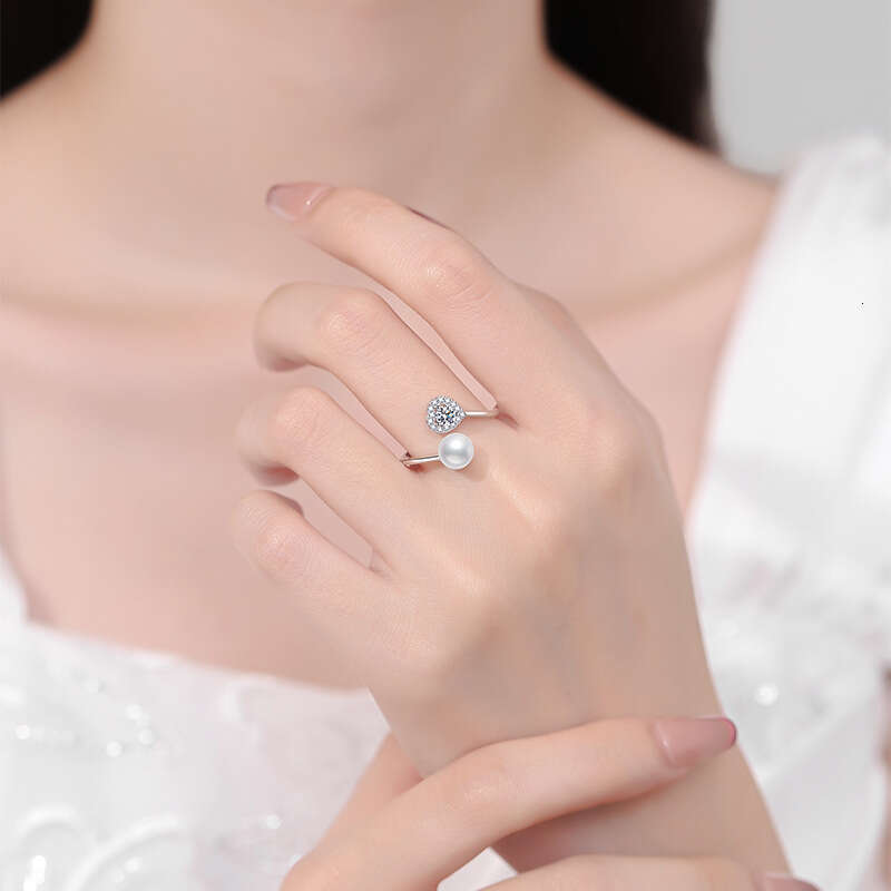 S Sterling Sier Moissanite for Women, Heart-Shaped Natural Freshwater Pearl Adjustable Ring 027