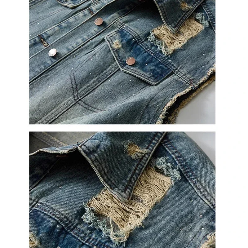 2025 Blue Mens Lapel Sleeveless Denim Jacket Single Breasted Loose Vintage Vest 250707