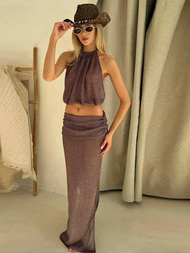 Womens Casual TwoPiece Set Fashion Round Neck Lace Up Sleeveless Crop Tops Pleated Long Skirt Summer Solid Lady Suit 250717