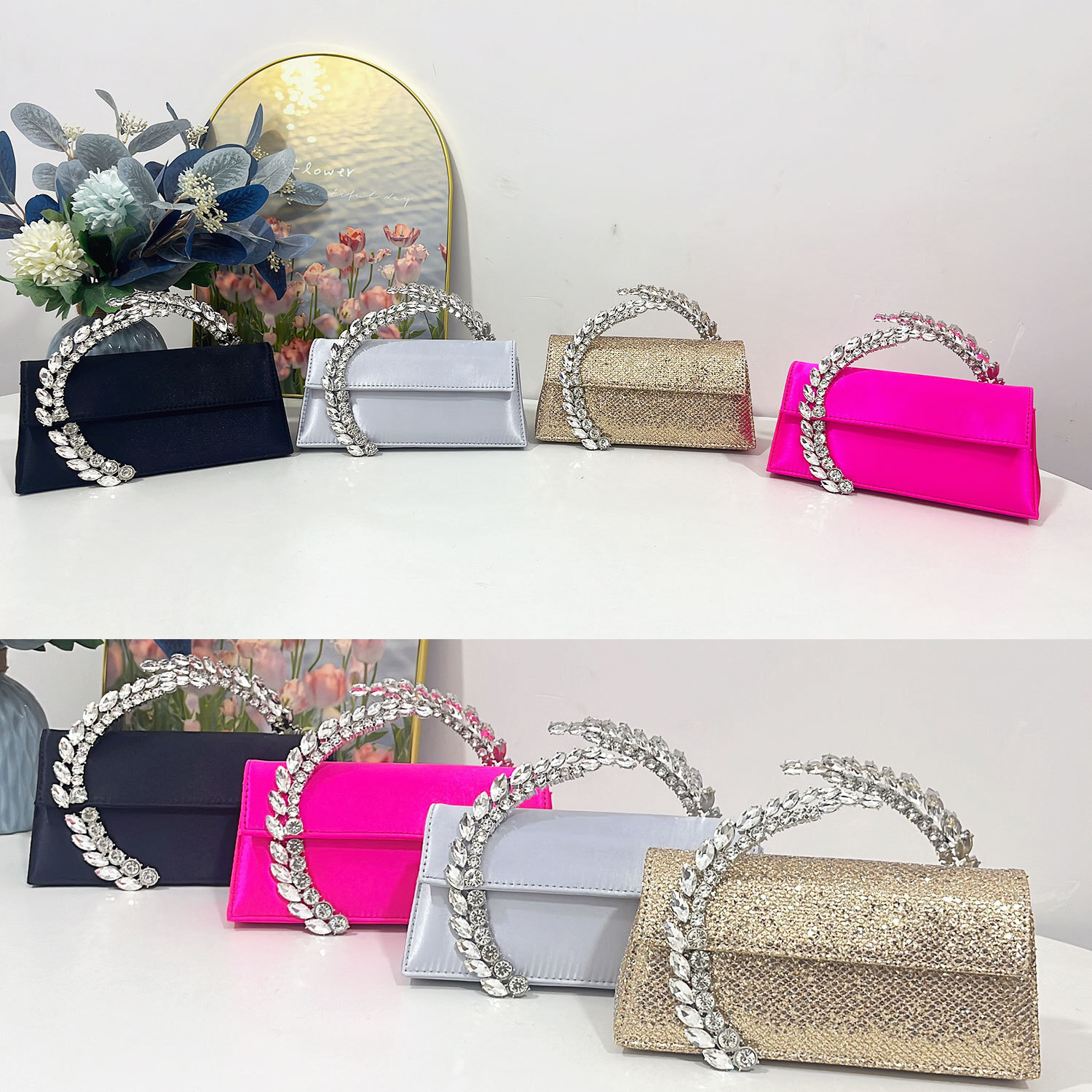 Women's Fashion Banquet Bag Free Shipping Designer Luxury Shiny Diamond Inlaid Satin Handbag New Versatile Makeup Bag