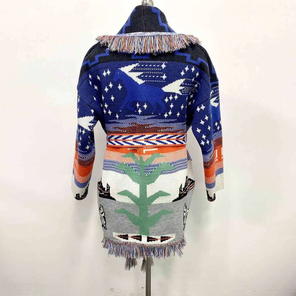 Designer Clothing Boho Inspired Hand-Made Overisized Jacquard Cardigan Fringed Trims Long Sleeve Sweater Winter Clothes Women Fashion