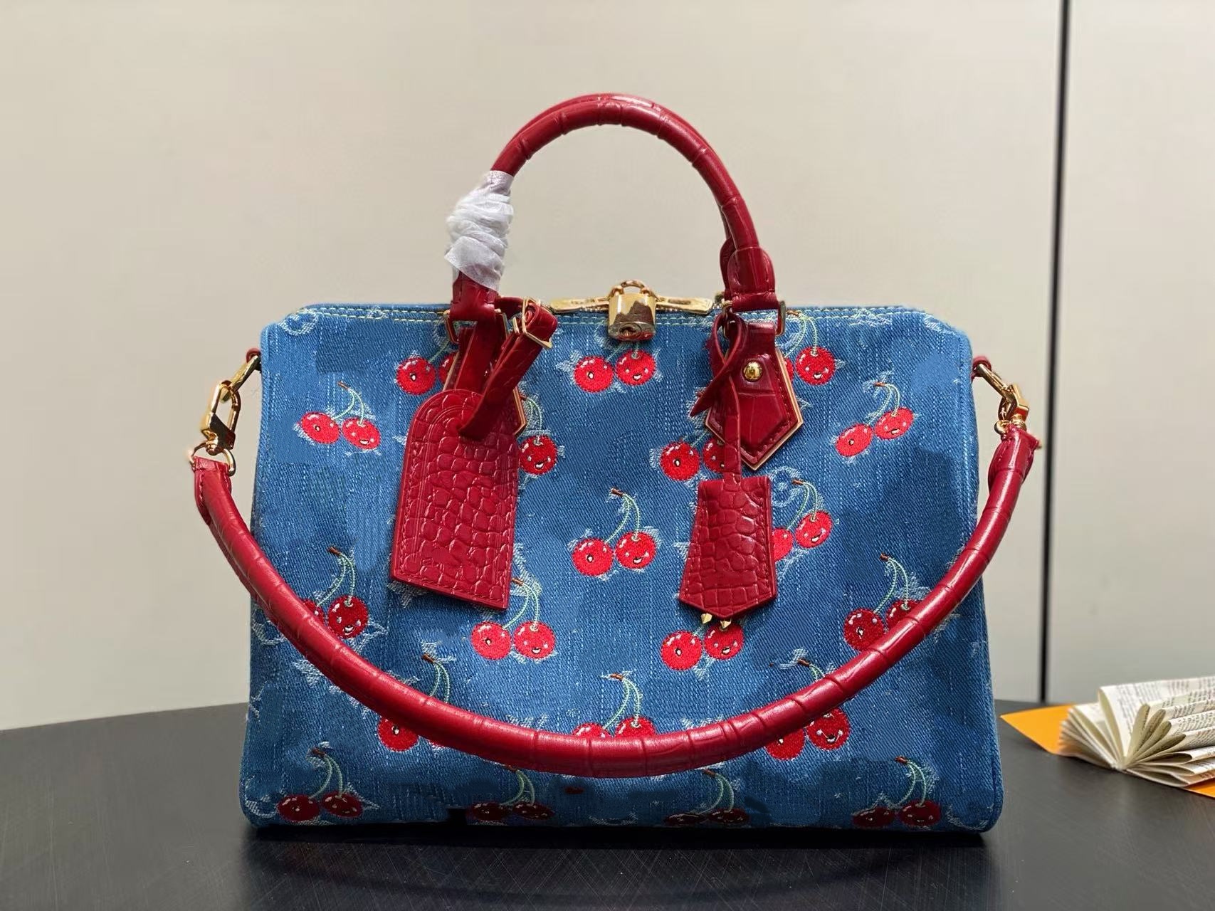 10A designer denim bag tote bag for women Top New Women's Blue Denim Red Cherry Embroidery Handbag Shoulder Pillow Bag 30cm n87627