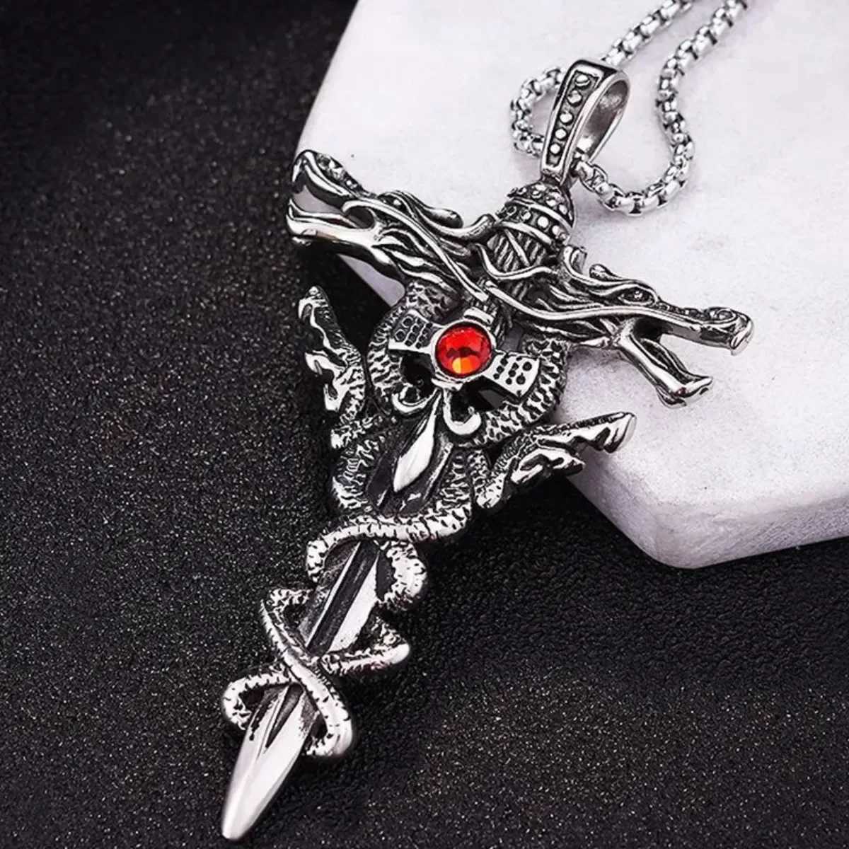 Mens Punk Necklace - Titanium Steel Gothic Dragon Sword Evil Eye Cross Pendant Vintage Dark Jewelry Gift W250718