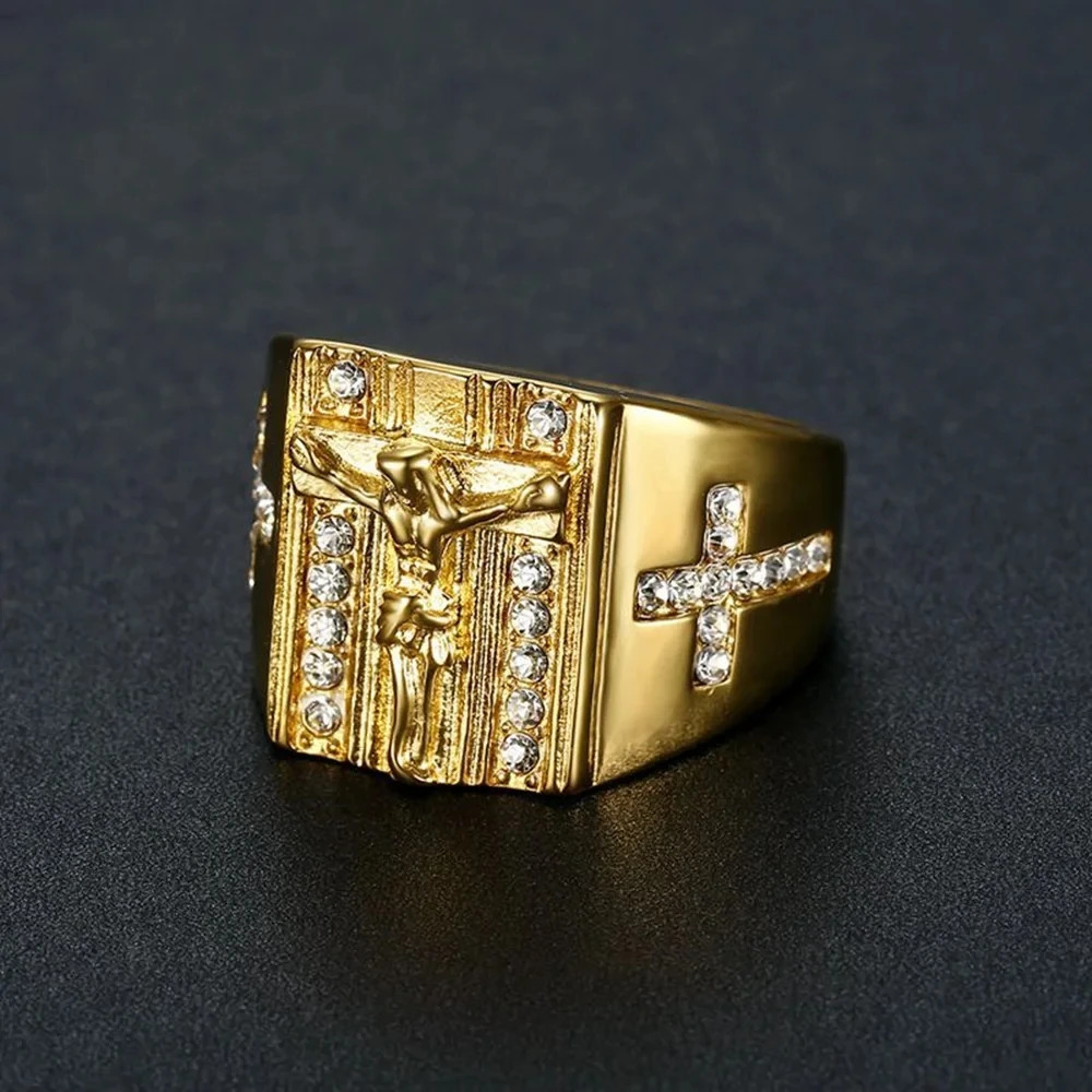 Hip Hop Iced Out Religious Jesus Cross Ring Gold Color Stainless Steel Christian Rings For Women Men Wholesale Mens Ring 250717