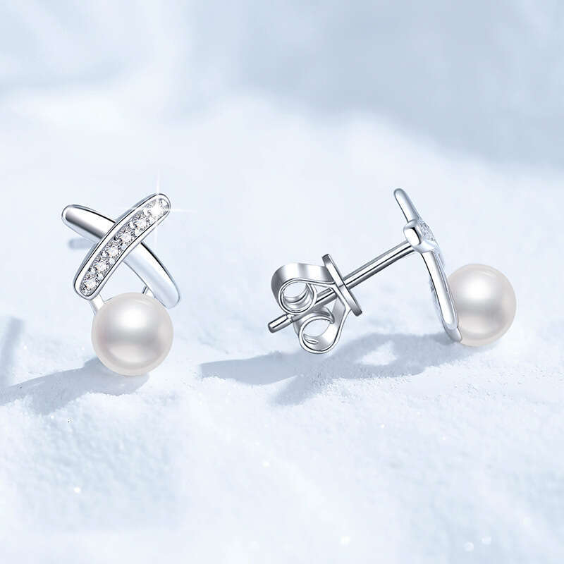 S Pure Sier Earrings Freshwater Pearl for Women Korean Style X-shaped D Color Moissanite Studs e9c