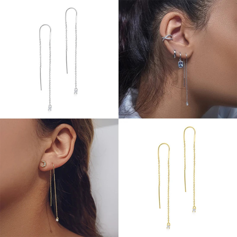 CANNER 925 Sterling Silver Trend Long Wire Tassel Chain Bling Zircon Pendants Drop Earrings Hanging Earings Jewelry 2pc 250715