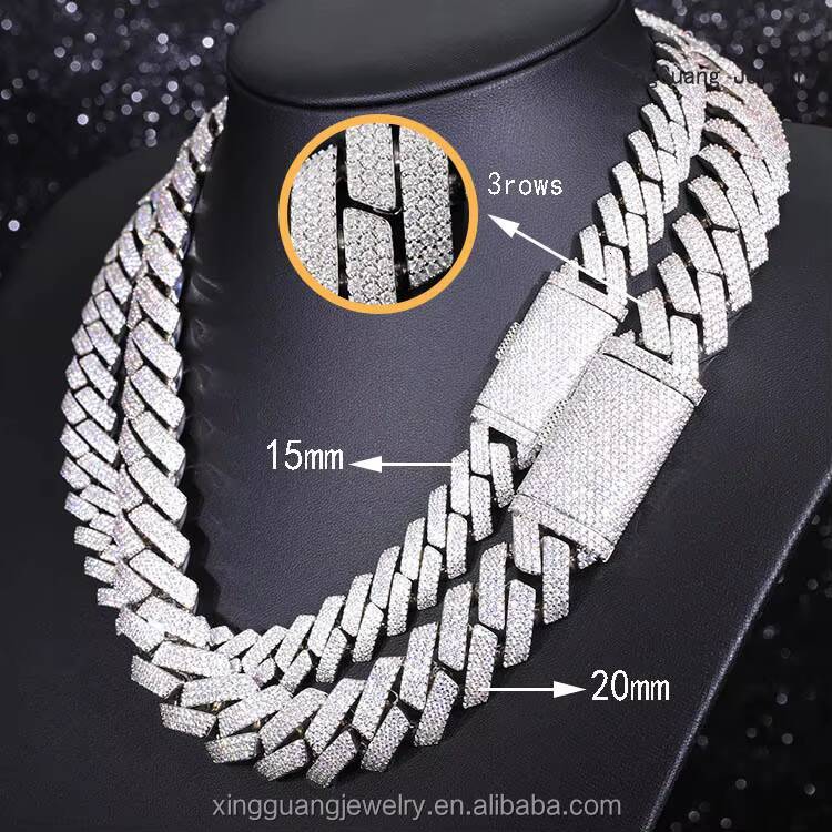 Pass Diamond Test Hip Hop Jewelry Vvs Stone Shiny 20mm 3row Men 925 Sterling Silver Necklace Moissanite Cuban Link Chain