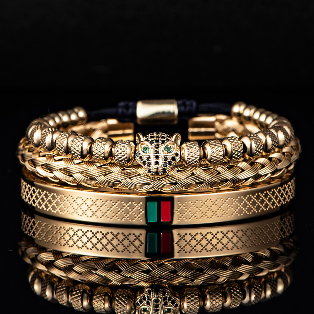 Micro Inlaid Leopard Head Bracelet Set Stainless Steel Red Green Striped Bangle ddmythur