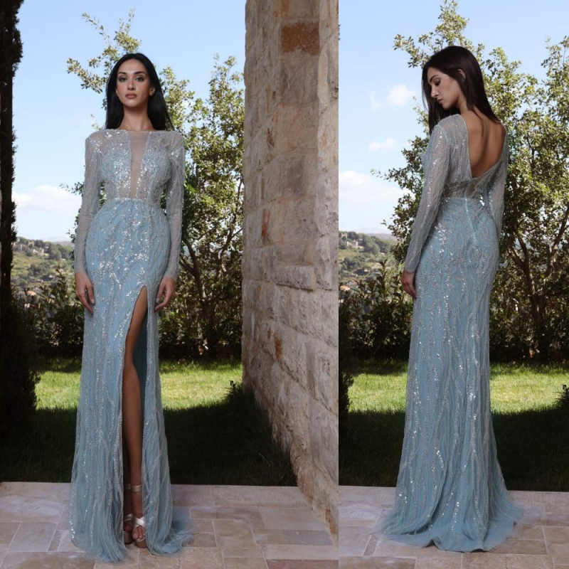 Elegant Evening Dresses Sequins Sexy O-Neck High Split Long Sleeve Prom Gowns Party Dress Customized