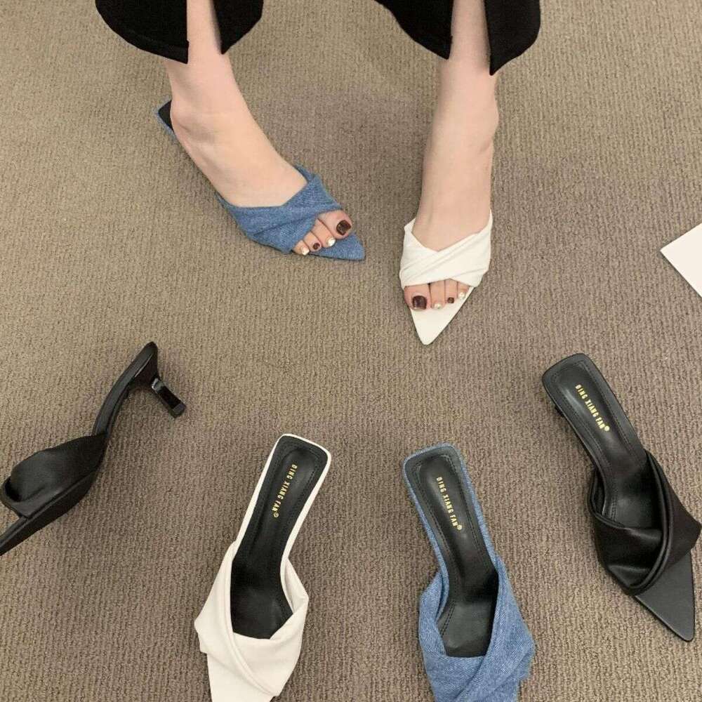 2025 Summer Pointed Open Toe Denim Blue Outdoor Slippers Fairy Style Thin High Heel One-Strap Sandals with Bowknot