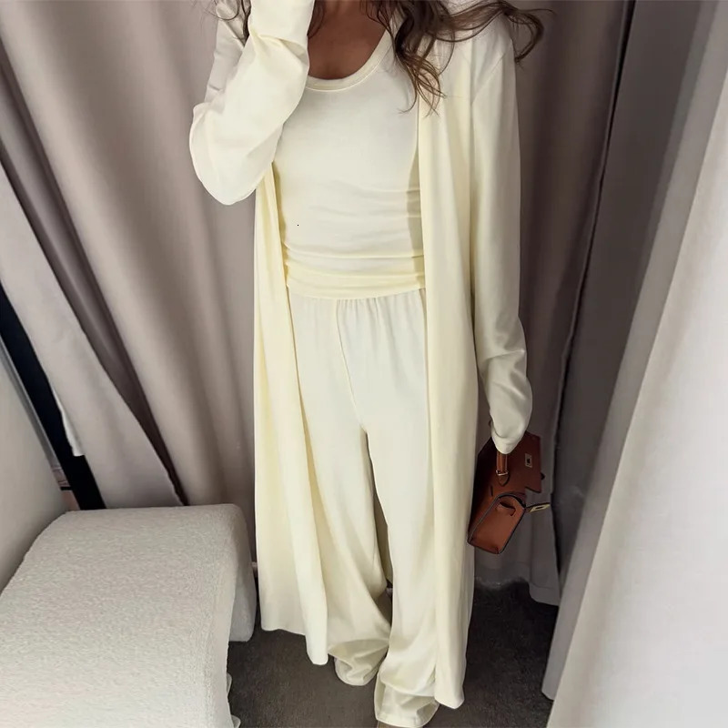 Womens clothing 2025 summer casual three-piece set long jacket vest wide-leg trousers suit club clothing Vestidos 250715
