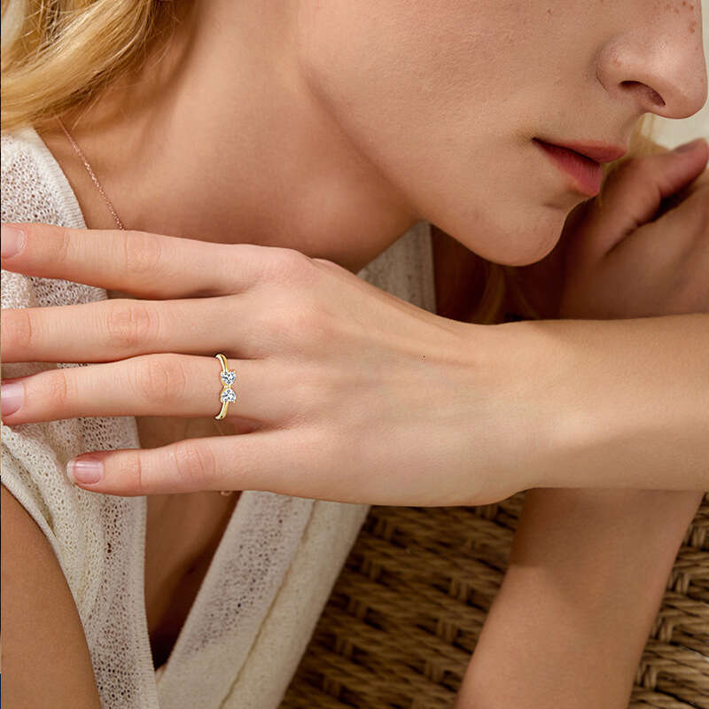 S Pure Silver Bowknot Heart Moissanite Live Sweet Fresh Personality Ring for Women