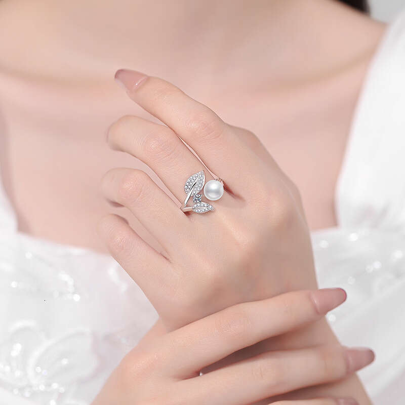 S Pure Silver Moissanite Women Petal Freshwater Pearl Adjustable Ring 47a