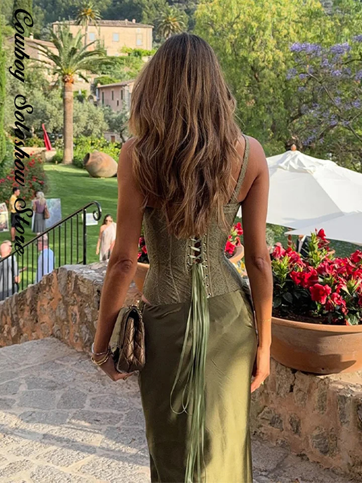 Elegant Fishbone Top Long Skirt Set Women Slim Sling Lace Bandage Top Hip Package Long Skirts Summer Beach Party Lady Suit 250714