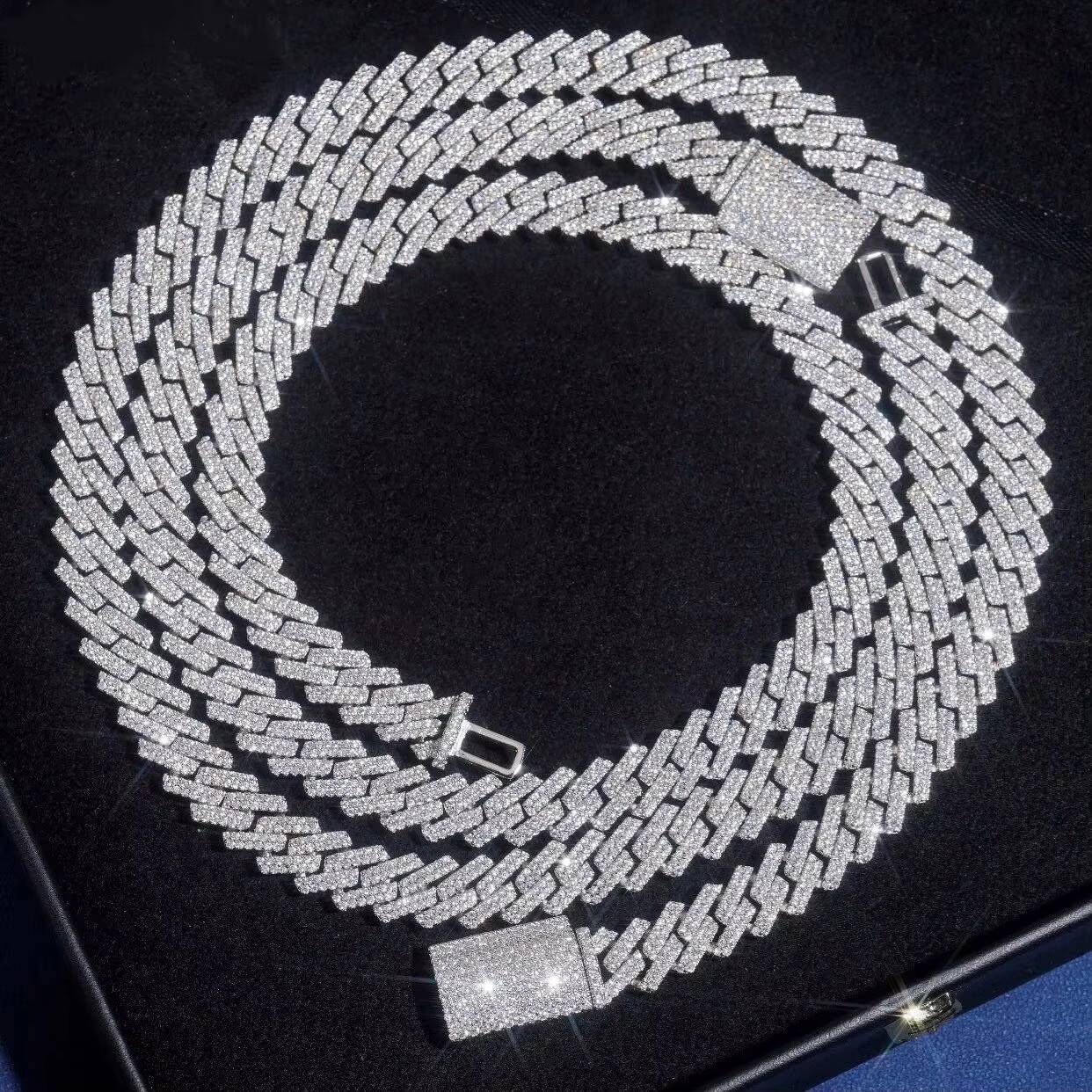 Hot Selling Cuban Chain 12mm 2 Rows 925 Silver White Gold Plated Straight Iced Out Chain Moissanite Cuban Link Chain