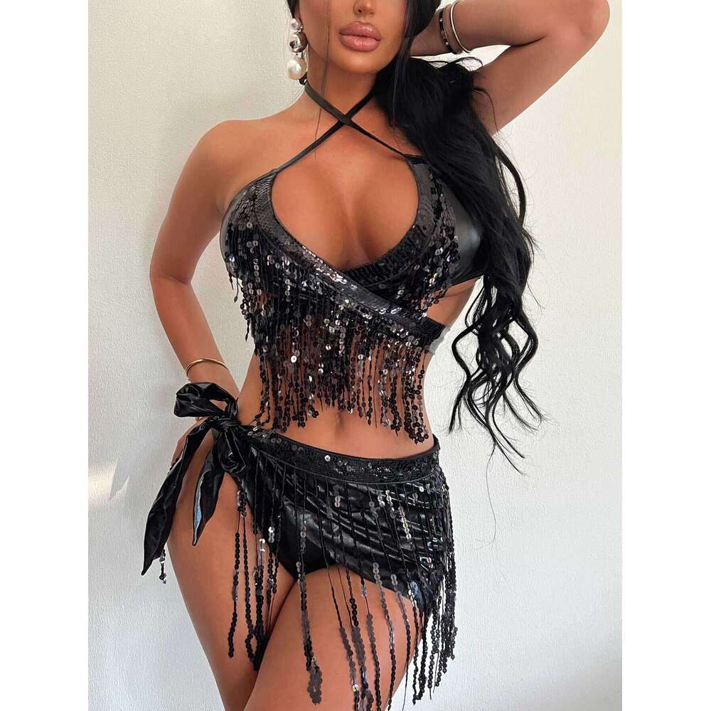 Electric Music Festival Two-Piece Swimsuit Three-Piece Set Glitter Fabric Sexy Tassel Bikini Women New Elegant Unique Fashion