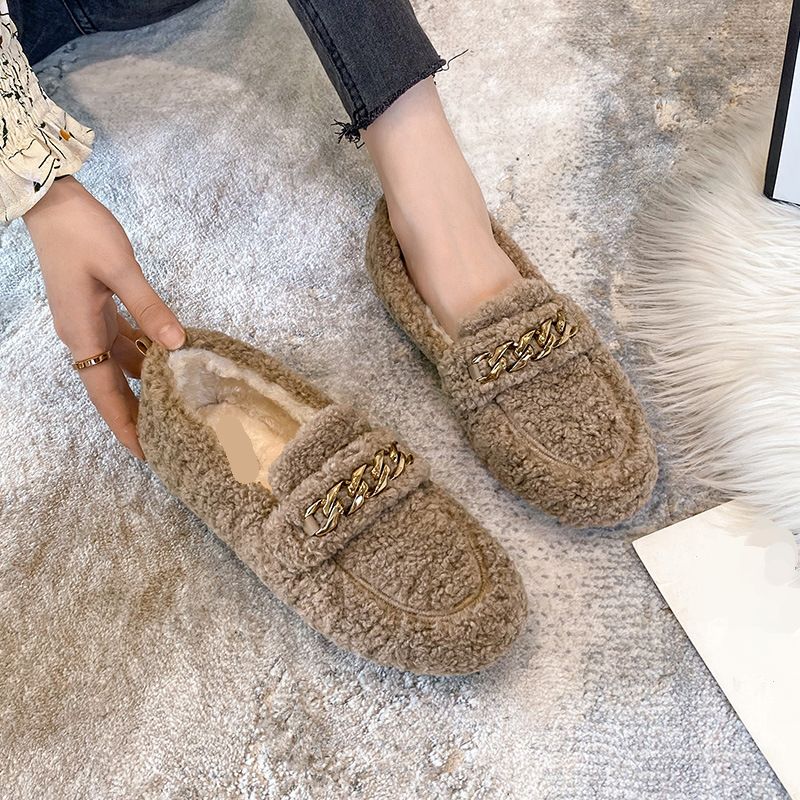 Stylish Lamb Fur Women Platform Metal Decor Vintage Shoes Slip On Plush Lining Female Cork Winter Slides Shoes Woman Furry Soft Sole Casual Oversized 
