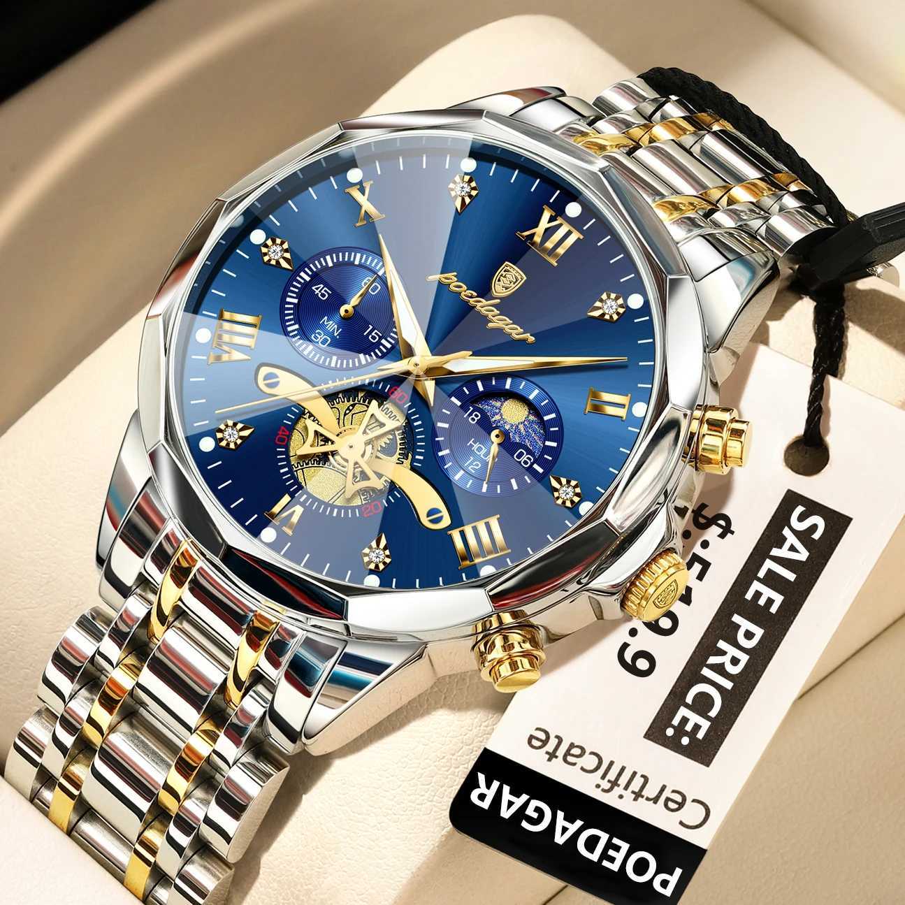 POEDAGAR Luxury Men Watch Top Original Waterproof Luminous Chronograph Mens Wristwatch Stainless Steel Quartz Mens Watches Reloj W250718