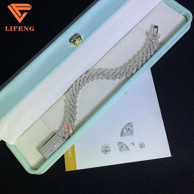 High Quality Moissanite Bracelet HipHop Jewelry 10mm 2Rows Cuban Link Chain 925 Silver Iced Out Cuban Bracelet Necklace With GRA