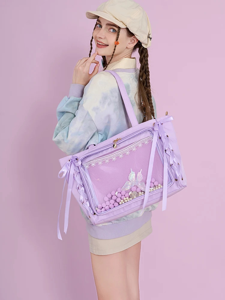 Japanese Large Capacity Satin Ribbon Ita Bag Sweet Girl Anime Transparent Tote Bag Lolita Shoulder Bags Clear Pvc Handbags 250717