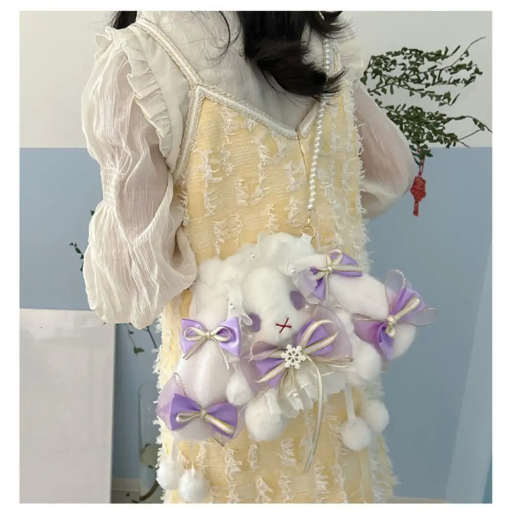 Cute Bunny Plush Bag Lolita Element Shoulder Bag Kawaii Princess Sweet Pearl Chain Crossbody Bags Long-eared Rabbit Purse 250717