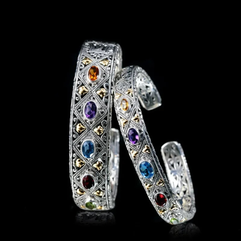 925 Silver Inlaid Colored Gemstone Bracelet Fashionable Wedding Fine Couple Bangles Jewelry Gift for Girlfriend 250715