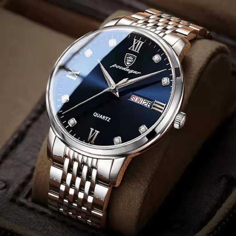 POEDAGAR Stainless Steel Men Quartz Wristwatch Waterproof Luxury Brand Fashion Sport Luminous Mens Watches Calendar Gifts Clocks W250718