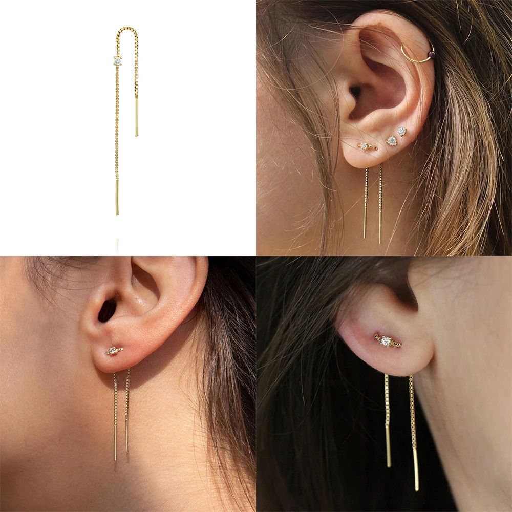 CANNER 925 Sterling Silver Trend Long Wire Tassel Chain Bling Zircon Pendants Drop Earrings Hanging Earings Jewelry 2pc 250715