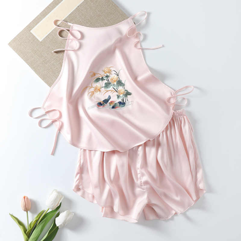 Z40-Retro sexy ice silk embroidered bellyband suit double-layer simulation silk embroidered suspenders underwear pajamas women summer