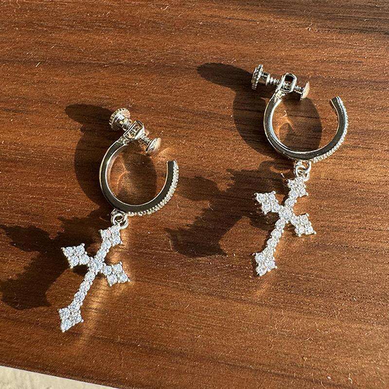 Micro Pave Full Zirconia Rhombus Cross Non-Pierced Ear Clip Men's Studs Women's Drop Earrings Trendy