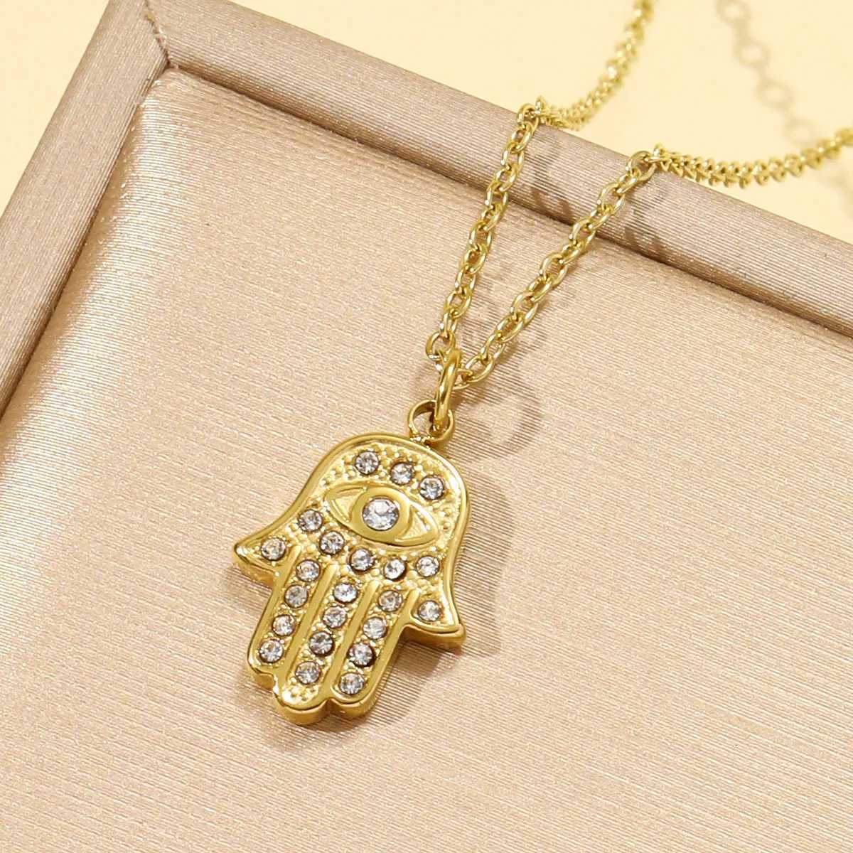 Waterproof Stainless Steel Devil Eye Hamsa Hand Charm Necklace 14K Gold Color Dainty Pendant Choker Jewelry For Women Daily Wear W250718